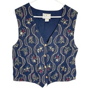 TanTrums Large Blue Vest Floral Embroidered Button Front Cinch Back Cottagecore